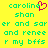 Yellow background with green pixelated text reading 'caroline shan er and sar er and renee r my bfss' and a pink heart symbol replacing the 'o' in 'caroline'.