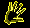 Animated sequence of four hand gestures with yellow outlines and dark green fill on black background, showing progressive hand opening from closed to fully extended.