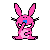 Pixel art animation of a pink bunny with blue eyes and black whiskers, transitioning through multiple color variations of text elements on solid backgrounds.