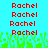Red text spelling 'Rachel' repeated four times on each side of a bright blue background with green pixelated grass at the bottom.