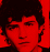 Pixelated static image of a person with dark hair against red background, showing partial face and shoulder in close-up crop.