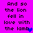 A bright pink background displays repeated text "And so the lion fell in love with the lamb" with blue heart symbols replacing the 'b' in 'lamb' on some lines.