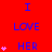 Red background with blue text 'I LOVE HER I' repeated in a pattern, pink heart symbols appear and multiply on the left side of each