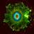 Two pixelated circular icons with concentric rings and central symbols, one green on dark background, one purple on light background.