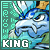 Pixelated blue dragon head with brown horns and white eyes, set against a green patterned background with 'KING' text below.