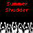 Red pixelated text "Summer Shudder" appears twice on a black background above a of grayscale pixelated figures with raised hands