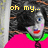 Pixelated image of a cartoon character with gray skin, blue eyes, and red lips wearing green collar over pink clothing, with yellow text 'oh my...' above.