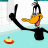 Pixelated cartoon character with yellow beak and black body floating in light blue water, holding a small orange-and-yellow object while extending one wing upward.