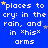 Blue background with repeated white text 'places to cry: in the rain, and in 'his' arms' and scattered yellow and white stars.