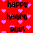 Red background with pink pixelated hearts and black text reading 'happy heart day!' in a pattern