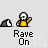 Pixelated character in yellow shirt and white helmet performs multiple actions including waving, crouching, and turning with 'Rave On' text below.