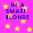 Pixelated text "IM A SMART BLONDE" repeated four times on a bright pink background with scattered yellow stars.