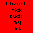 Red square icon with black pixelated text reading "i heart nick suck my dick" and white border, featuring a small white heart symbol in bottom-right corner.