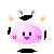 Pixelated cow-themed avatar with pink face, black-and-white spotted headwear, and four distinct facial expressions