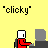 Pixel art animation of a red figure typing at a gray desk with blue water bottles, showing text changes and weapon drawing.