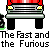 identical pixelated car front views with red headlights and black wheels, repeated across beneath text reading "The Fast and the Furious" in white block letters on gray background
