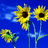 Three yellow sunflowers with dark brown centers stand against a blue sky with light blue clouds, rendered in pixelated style.