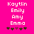 Pixelated text list of names on bright pink background with five small flower icons below, two versions differ in flower color sequence.