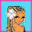Pixelated character with blonde braided hair and white flower accessory, wearing black-and-white outfit against blue background.