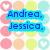 Pixelated text names in blue, pink, orange, green, yellow, and purple over a pastel polka-dot background with heart shapes.