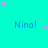 Cyan background with repeated 'Nina!' text in blue, scattered pink and light blue stars, and a gray rectangle in the bottom-right corner.