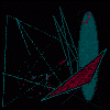 Four show a teal and red abstract shape with blue lines on black background, each displaying a different arrangement of the elements