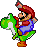 Mario rides a green dinosaur-like creature in a pixelated animation with showing consistent character poses