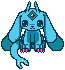 Pixelated blue creature with large ears, red gem on forehead, pink claws, and tail with white spots in static pose.