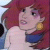 Pixelated static image of a cartoon character with red hair, light skin, and blue clothing holding a yellow object against a dark background.