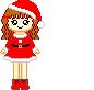 Pixel art character in Santa outfit with two expressions and a speech bubble.
