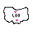 Pixelated white speech bubble with black outline containing 'LOU' text and pink heart symbols in three variations.