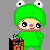 Pixel art character in green frog costume holding Halloween bucket with candy, surrounded by green text elements on gray background.