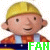 Two side-by-side pixelated frames of a cartoon character wearing a yellow hard hat and orange shirt with blue overalls, each displaying the text "FAN" in different colors at the bottom.
