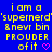 Blue background with yellow pixelated text reading "i am a 'supernerd' & nevr bin PROUDER of it" and pink heart symbol.