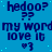 Blue background with repeated dark blue text and symbols arranged in a pattern, featuring 'hedoo?', 'my word', 'love it', and '♥3' across multiple