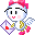 Pixelated character with pink bow, black eyebrows, red lips, and heart-shaped props holding a purple diamond with red center.