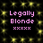 Pixelated text 'Legally Blonde' in pink with five asterisks below, set against a black background with yellow star-like patterns.