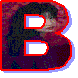 stylized letter B shapes with red outlines and dark purple fills, each containing a small embedded image of a person's face against a light gray background