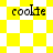 Yellow and white checkered background with four instances of the word 'cookie' in black pixelated text.