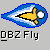 Pixelated static icon featuring a yellow stick figure running inside a blue teardrop-shaped motion blur with white speed lines, below which is pixelated text reading "DBZ Fly" on gray background.