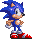 Pixelated blue hedgehog with spiky hair, white gloves, red shoes, and a chest star stands against gray background.