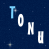 Blue starry background with scattered 'TONU' text in light blue and white, below which a pixelated creature animates against black stars.