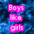 A four- displays text and silhouettes: blue background with pink 'Boys like girls', pink background with blue 'but girls', black-and-white silhouette of two figures, orange text 'We like horses' on a gray
