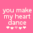 Pixelated text on pink background with heart symbols; two identical frames show slight animation in the fourth symbol.