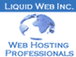 Static promotional graphic for Liquid Web Inc. displaying web hosting features with blue and red text on white background.