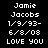 Static pixel art displays white text on black background with identical repeated lines of names, dates, and 'LOVE YOU' in two
