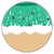 Pixelated circular icon with three horizontal bands: teal top, white middle, tan bottom, featuring scattered dark pixels on the teal section.