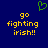 Blue background with yellow pixelated text reading 'go fighting irish!!' and a green heart symbol above the left side of the text.