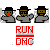 Three pixelated figures in black hats and gray shirts stand side-by-side with red mouths, below red text reading RUN/DMC on a gray background.