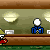 Pixelated animation of a courtroom scene with uniformed figures and speech bubbles containing text like "Checking in are you sir?" and "Hi...".